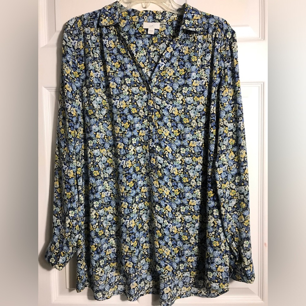 J.Jill Floral Button-Up Blouse in Blue and Yellow M
